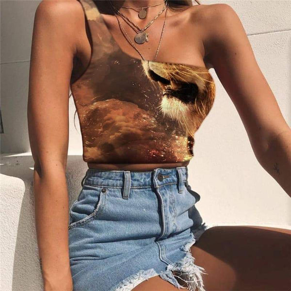 Lion Tank Tops Women Animal Midriff T shirt Anime Tees Graphic Nebula One Shoulder Crop Harajuku Sleeveless Shirt - KYKU