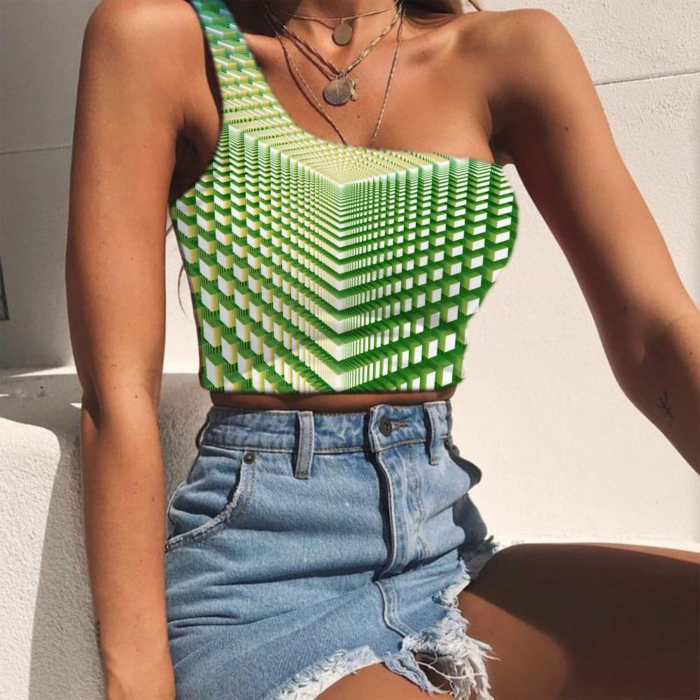 Geometric Tank Tops Women Psychedelic Tees Graphic Vortex Sleeveless Shirt Green One Shoulder Crop - KYKU