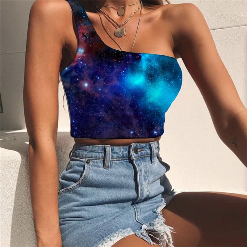 Galaxy Vest Tops Women Space One Shoulder Crop Universe Tees Graphic Nebula Midriff T shirt