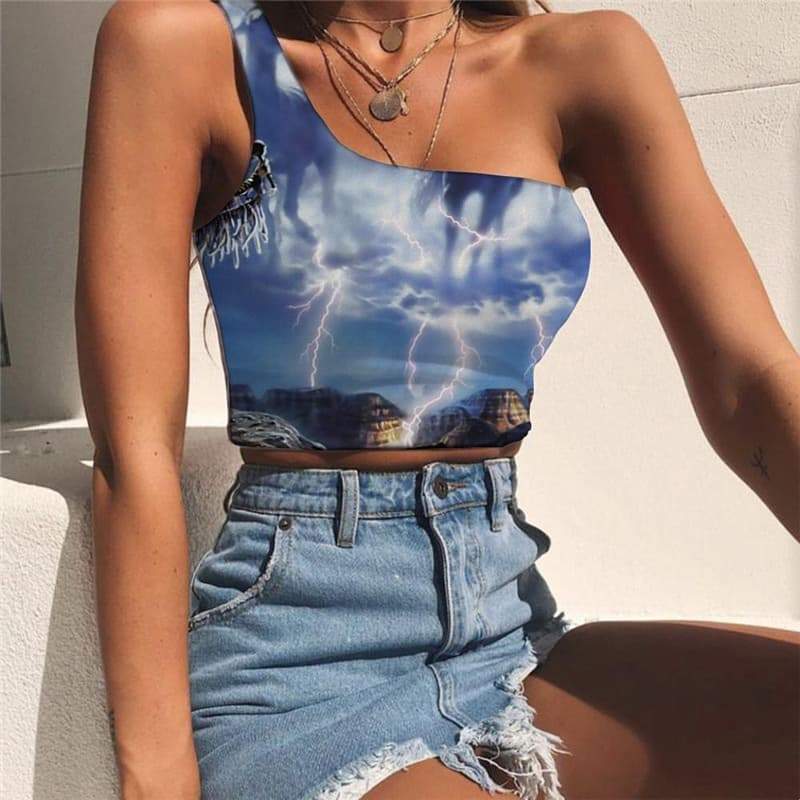 Indios Tank Tops Women Horse Tees Graphic Lightning Midriff T shirt War One Shoulder Crop - KYKU