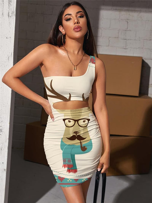 Christmas Dress Women Deer Vestido Sexy Animal 3d Print Snowflake Halter Sleeveless