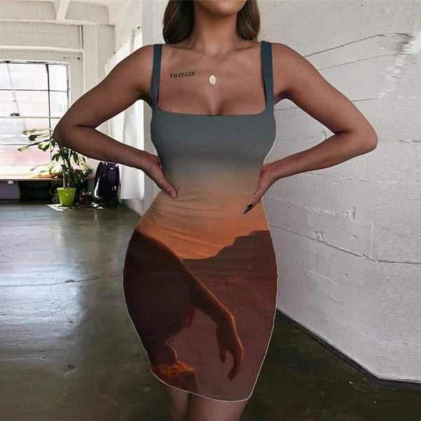 Indios Dress Women Sunset Sundress Landscape 3d Print Mountain Halter Sleeveless - KYKU