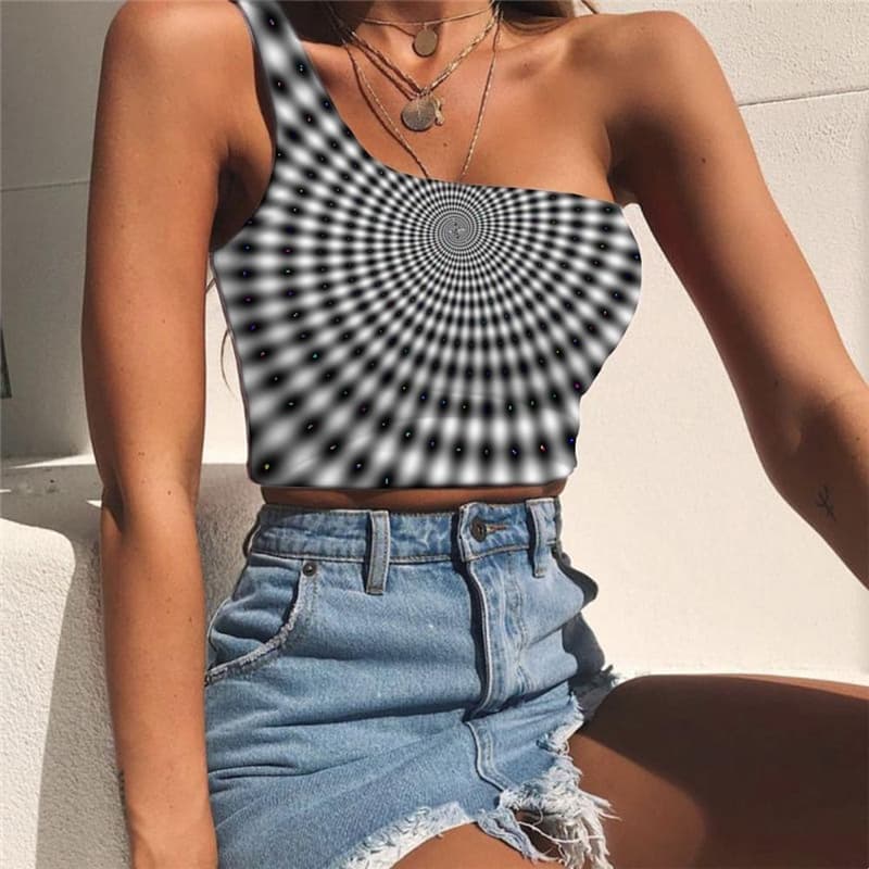 Dizziness Vest Tops Women Black And White One Shoulder Crop Harajuku Midriff T shirt Psychedelic Tees Graphic