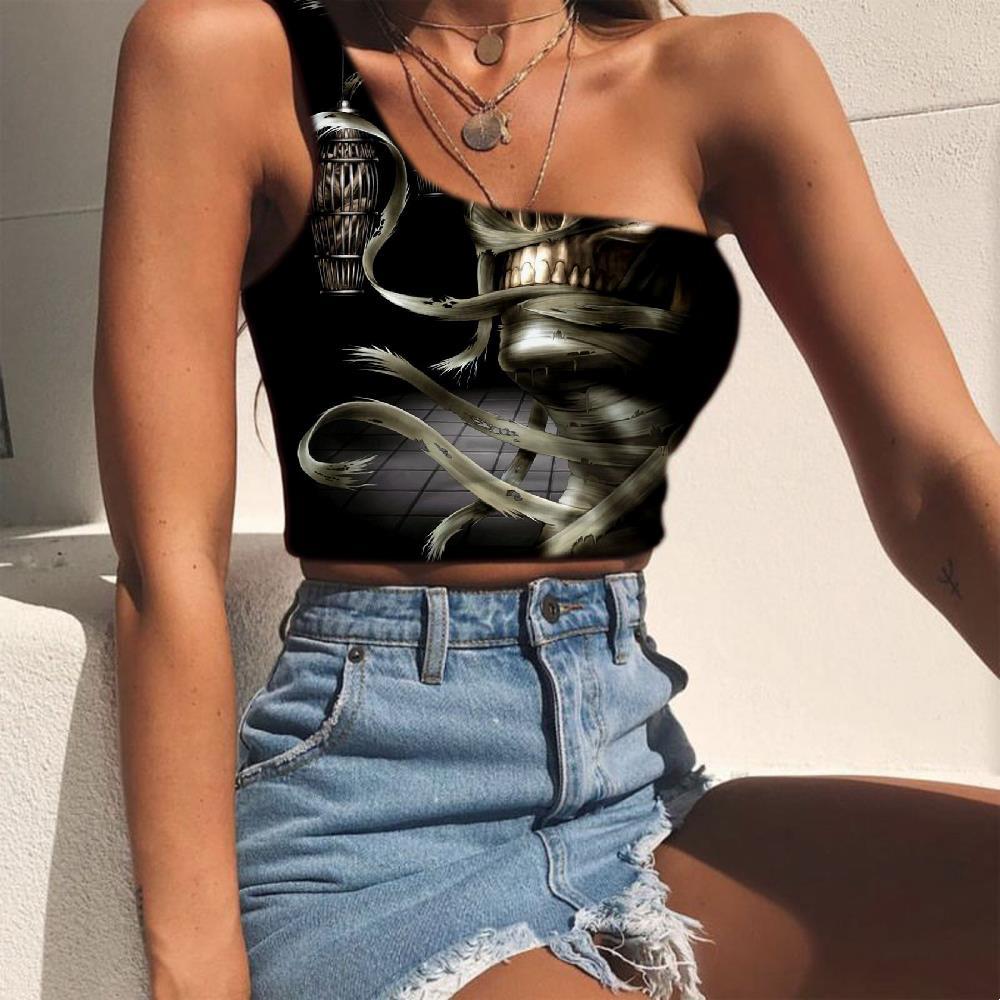 Skull Vest Tops Women Punk Tees Graphic Pirate One Shoulder Crop Rain Sleeveless Shirt Ferry Midriff T shirt - KYKU