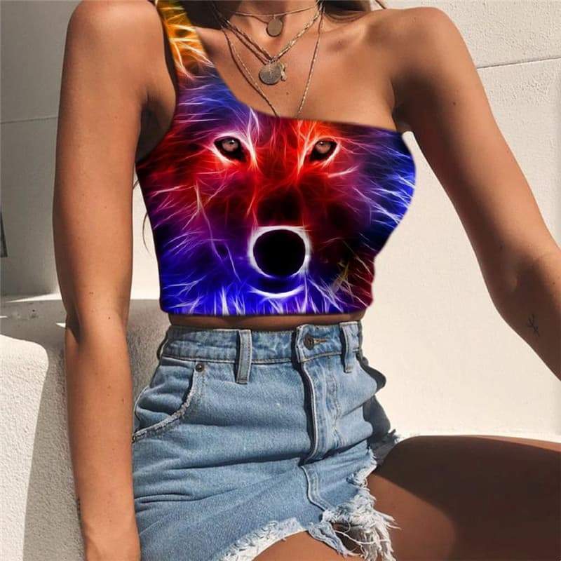 Wolf Tank Tops Women Animal One Shoulder Crop Anime Midriff T shirt Psychedelic Tees Graphic Color Sleeveless Shirt - KYKU