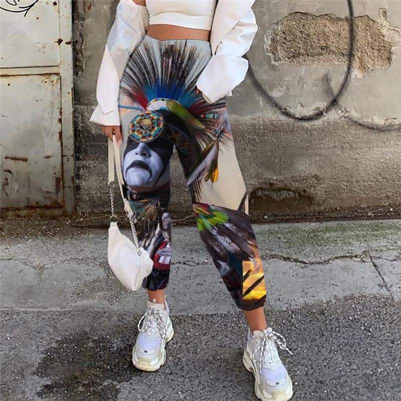 Indios Pants Women Feather Casual Pant Colorful Trouser  3d Printed Metal High Waist Pants - KYKU