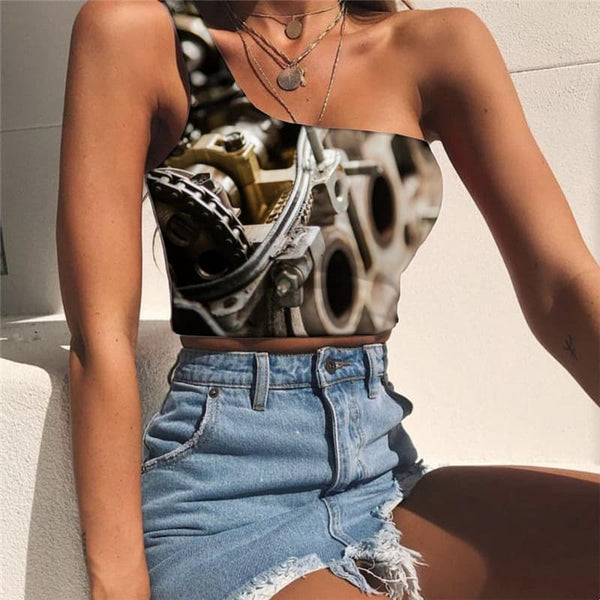 Metal Tank Tops Women Engine Midriff T shirt Gear One Shoulder Crop Hip Hop Tees Graphic