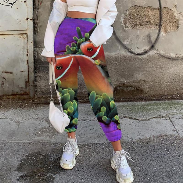 Fish Pants Women Purple High Waist Pants Harajuku Jogger Pants Jellyfish Casual Pant Animal 3d Printed