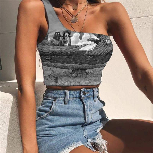 Indios Vest Tops Women Fishing Midriff T shirt Bear One Shoulder Crop Hip Hop Tees Graphic - KYKU