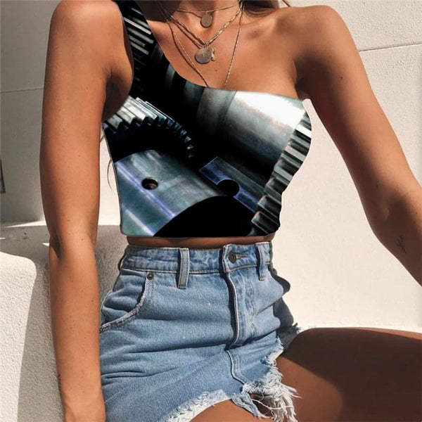 Metal Tank Tops Women Engine One Shoulder Crop Gear Sleeveless Shirt Punk Rock Midriff T shirt