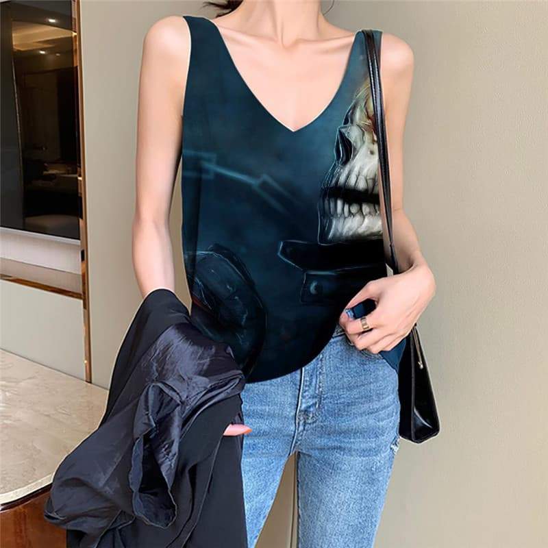 Skull Tank Top Women Punk Anime Clothes Flame Sleeveless 3d Iron Chain Funny Top - KYKU