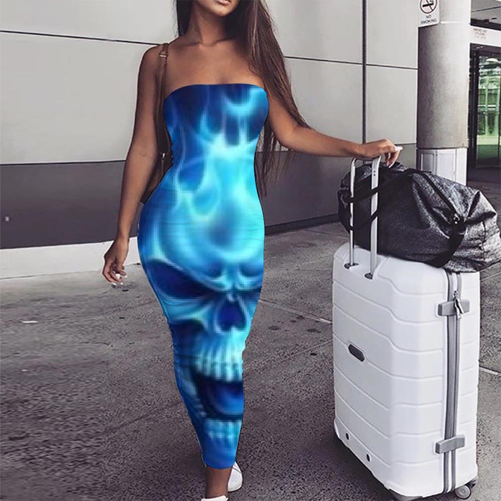 Skull Dress Women Punk 3d Print Blue sleeveless Flame Boho Womens Clothing - KYKU
