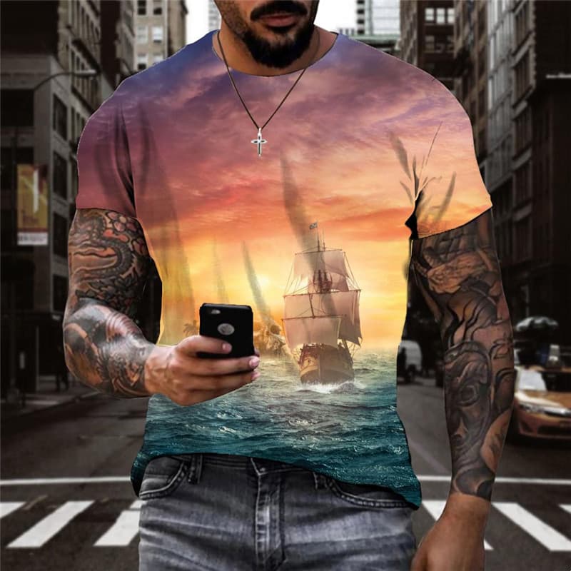 Skull T shirt Men Sail Tshirt Printed Pirate T-shirts 3d Ocean Anime Clothes