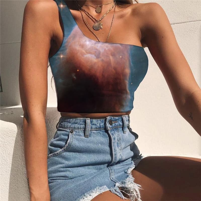 Galaxy Tank Tops Women Space One Shoulder Crop Universe Sleeveless Shirt Nebula Midriff T shirt