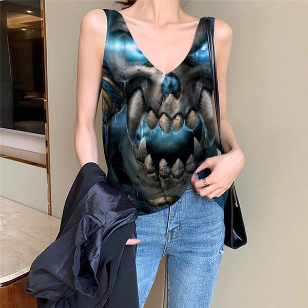 Skull Tank-Top women Punk Sleeveless 3d Beast Tank Tops Casual Blue Funny Top Angle Vest Print - KYKU