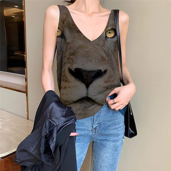 Lion Tank-Top women Animal Funny Top Anime Tank Tops Casual Head Vest Print Harajuku Anime Clothes - KYKU