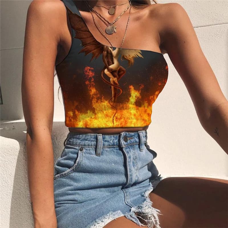 Flame Vest Tops Women Couple One Shoulder Crop Novel Tees Graphic