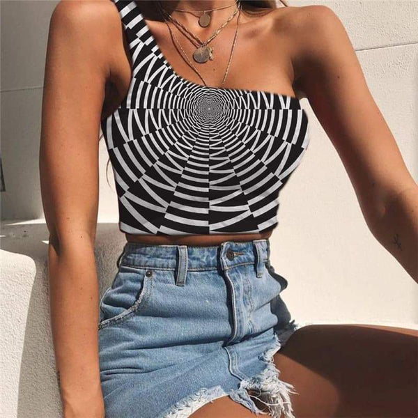 Geometric Vest Tops Women Psychedelic Midriff T shirt Vortex One Shoulder Crop Time Tunnel Sleeveless Shirt Black And White Tees Graphic - KYKU
