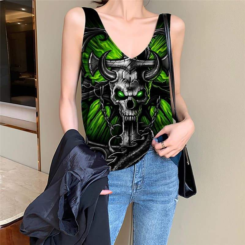 Skull Tank Top Women Punk Anime Clothes Devil Sleeveless 3d Wing Vest Print Iron Chain Vest Printed - KYKU