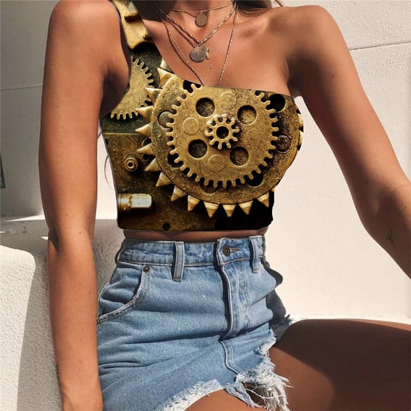 Metal Vest Tops Women Engine Midriff T shirt Gear One Shoulder Crop Art Tees Graphic