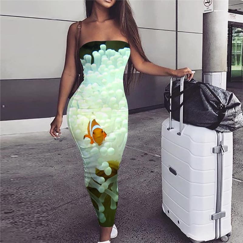 Fish Dress Women Fishinger Bodycon Dress Animal Vestido Sexy Tropical sleeveless White Party