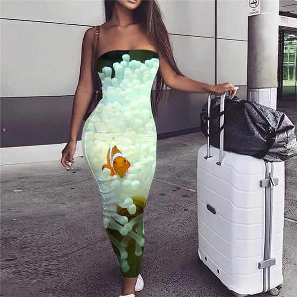 Fish Dress Women Fishinger Bodycon Dress Animal Vestido Sexy Tropical sleeveless White Party