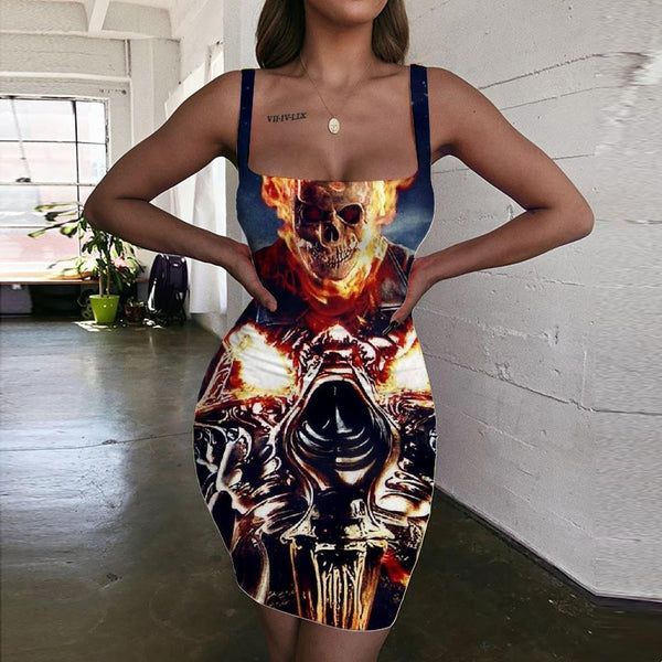 Skull Dress Women Punk 3d Print Flame Ladies Dresses Motorcycle Vestido Sexy - KYKU