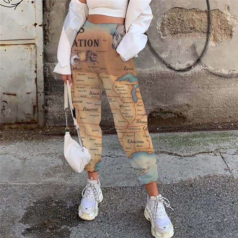Indios Trousers Women Map High Waist Pants Animal Jogger Pants  Casual Pant Fishinger Trouser - KYKU