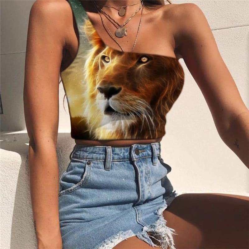 Lion Tank Tops Women Animal One Shoulder Crop Anime Midriff T shirt Galaxy Tees Graphic Harajuku Sleeveless Shirt - KYKU