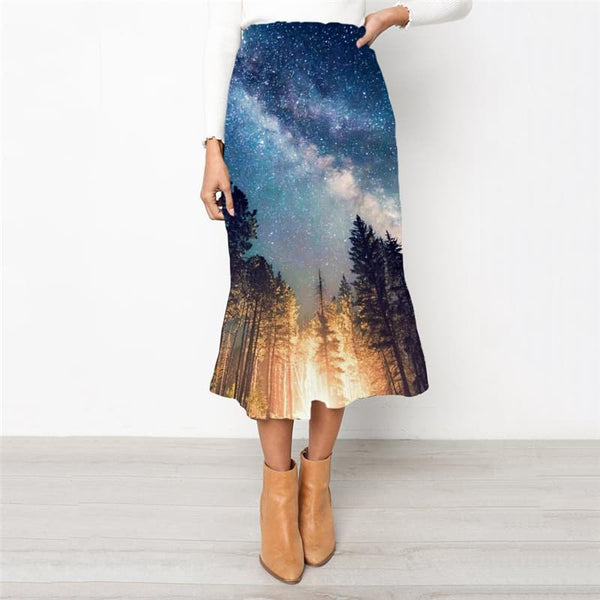 Galaxy Skirts Women Space High waist skirts Universe Rock Frauen Forest Skirt Ladies Flame School skirt