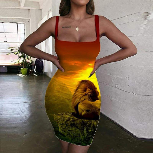 Lion Dress Women Animal Sundress Anime 3d Print Nebula Vestido Sexy Sunset Ladies Dresses - KYKU