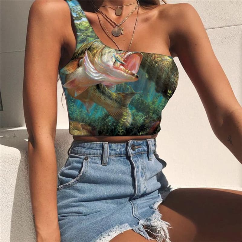 Fish Vest Tops Women Fisherman Midriff T shirt Metal Tees Graphic Animal One Shoulder Crop Ocean Sleeveless Shirt