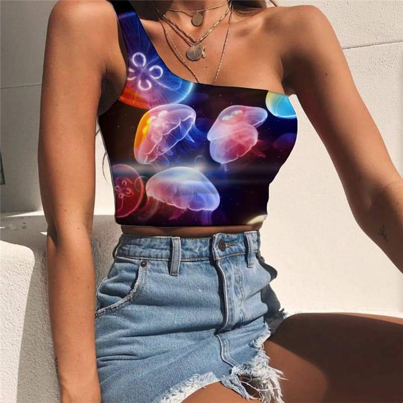 Ocean Vest Tops Women Jellyfish One Shoulder Crop Fluorescence Tees Graphic Colorful Sleeveless Shirt - KYKU