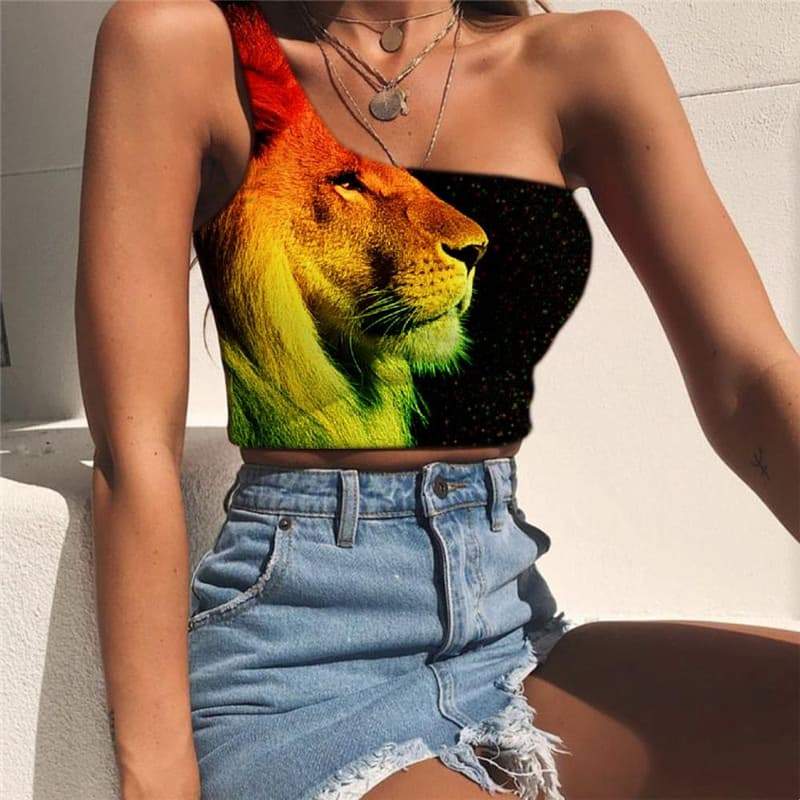 Lion Tank Tops Women Animal Sleeveless Shirt Anime One Shoulder Crop Nebula Midriff T shirt Colorful Tees Graphic - KYKU