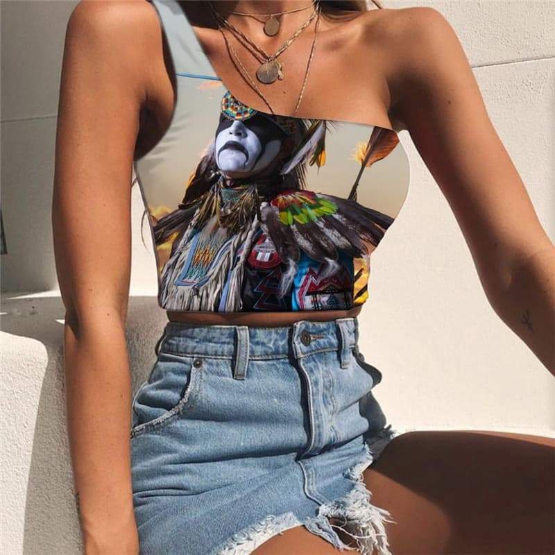 Indios Vest Tops Women Feather One Shoulder Crop Colorful Midriff T shirt  Tees Graphic Metal Sleeveless Shirt - KYKU
