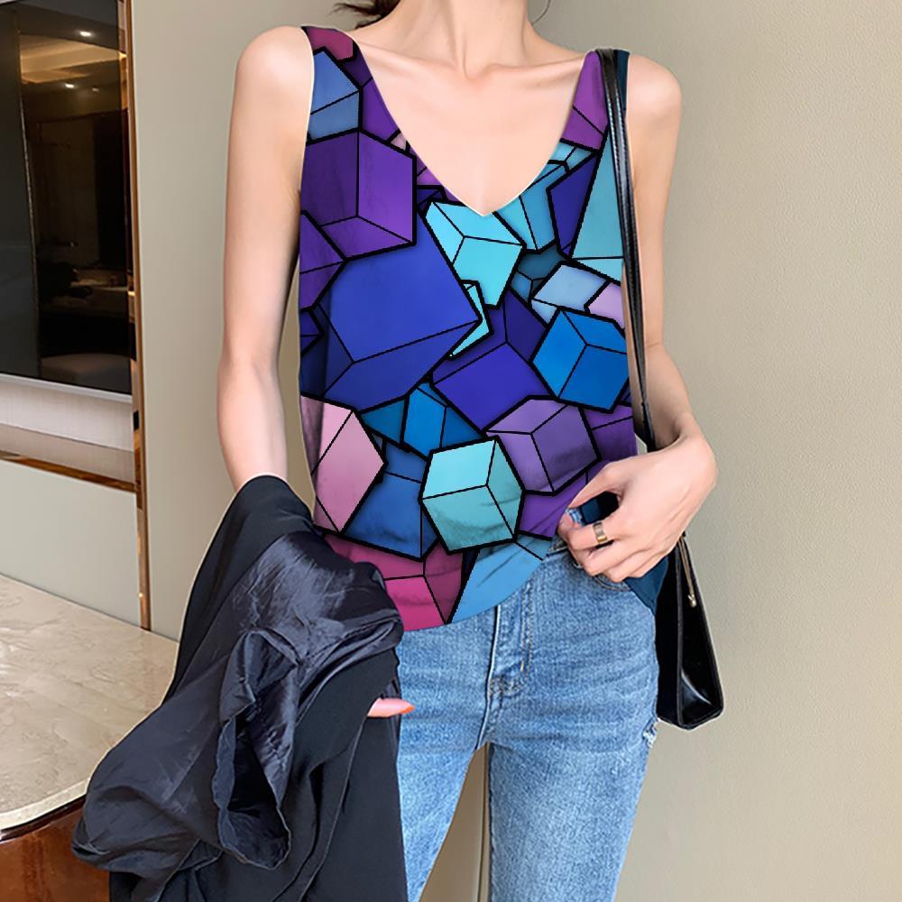 Geometric Tank-Top women Psychedelic Sleeveless 3d Vortex Tank Tops Casual Square Vest Printed - KYKU