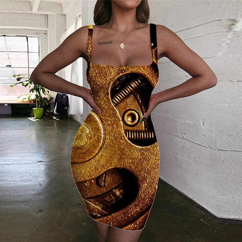 Metal Dress Women Engine Vestido Sexy Gear Sundress Golden Bodycon Dress