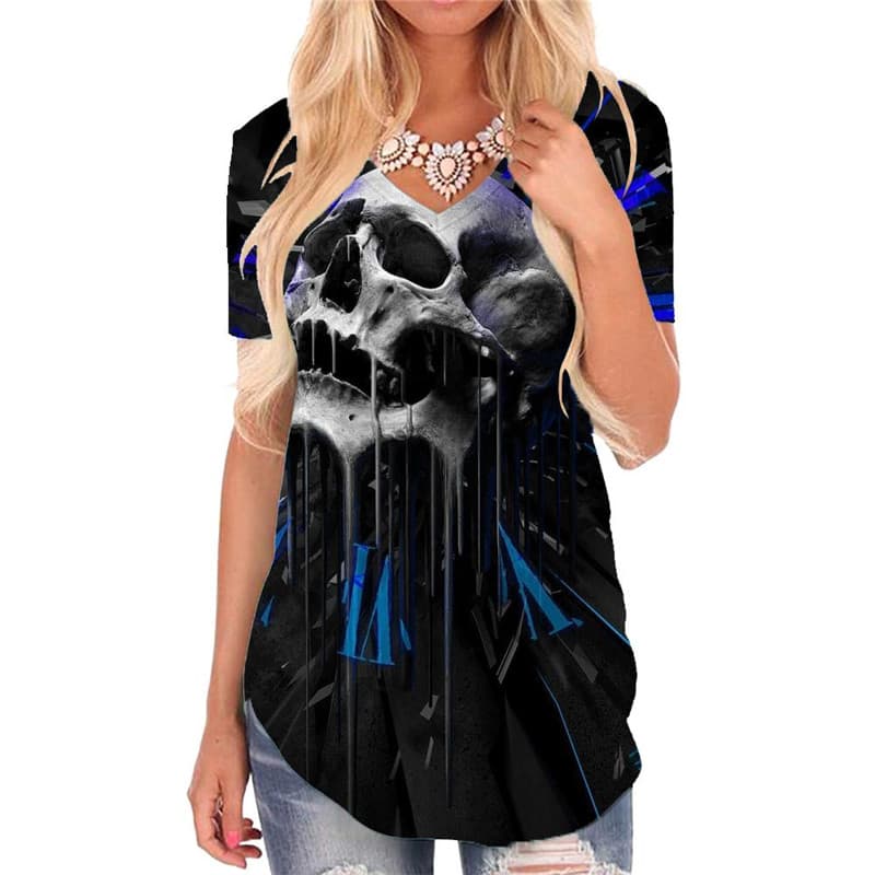 Skull T Shirt Women Punk V-neck Tshirt Blue Tshirts Printed Devil Funny T shirts