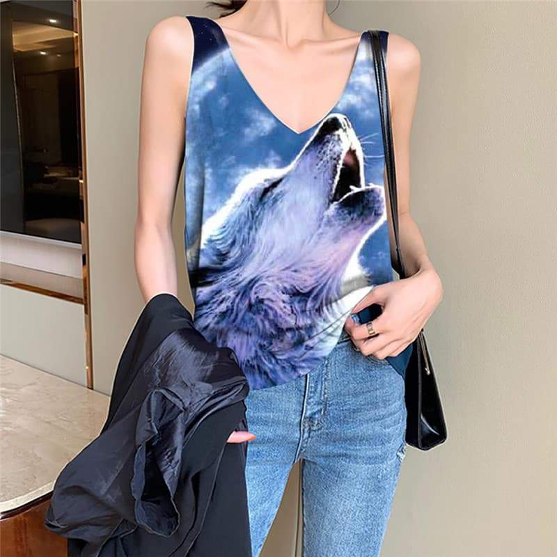 Wolf Tank-Top women Animal Vest Printed Anime Funny Top Moon Anime Clothes Galaxy Sleeveless 3d - KYKU