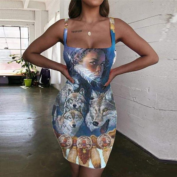 Indios Dress Women Wolf Bodycon Dress Animal 3d Print Lovely Halter Sleeveless - KYKU