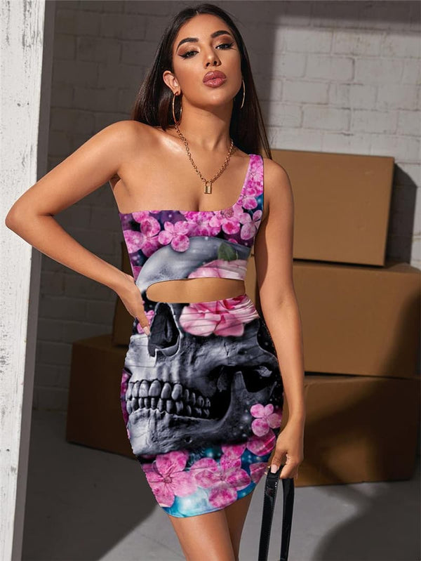 Skull Dresses Women Flower Bodycon Dress Galaxy Vestido Sexy Rock Hollow out Dresses