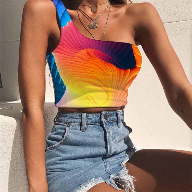Abstract Tank Tops Women Psychedelic Tees Graphic Colorful Midriff T shirt
