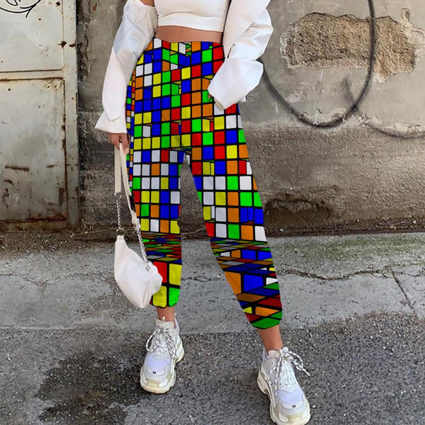 Geometric Trousers Women Psychedelic High Waist Pants Vortex 3d Printed Color Stereo Trouser - KYKU