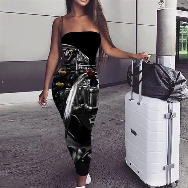 Metal Dress Women Engine Boho Gear Bodycon Dress Motorcycle Party