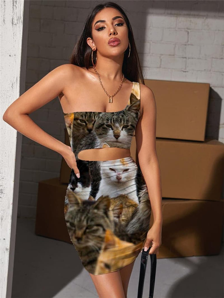 Cat Dress Women Animal Halter Sleeveless Home Pleating Lovely 3d Print Harajuku Bodycon Dress