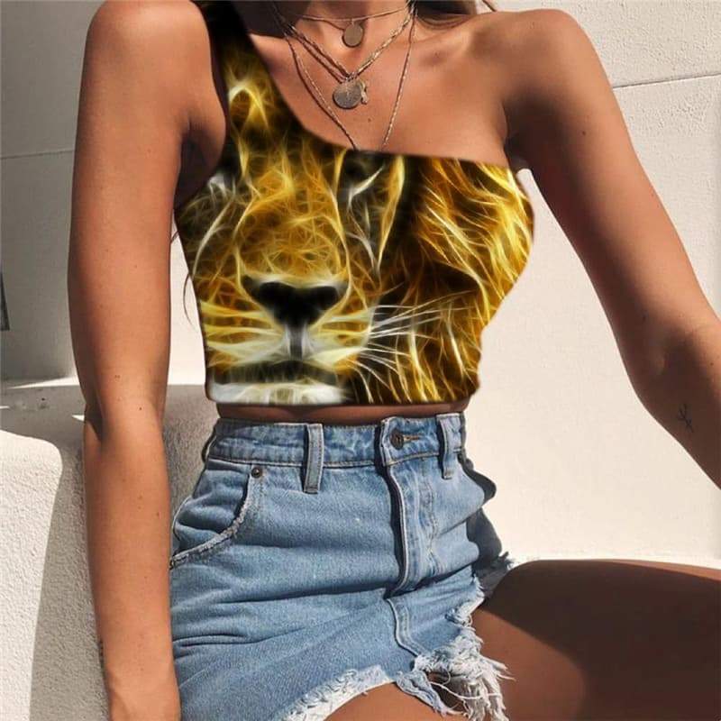 Lion Tank Tops Women Animal Sleeveless Shirt Anime One Shoulder Crop Abstract Tees Graphic Harajuku Midriff T shirt - KYKU