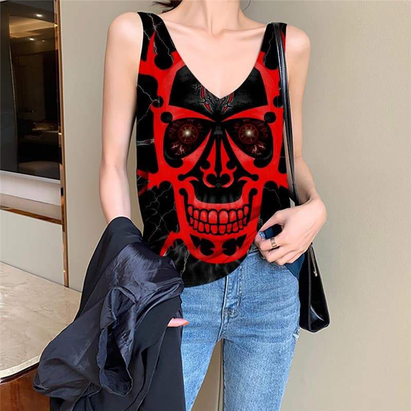 Skull Tank Top Women Punk Vest Printed Red Sleeveless 3d Devil Funny Top - KYKU