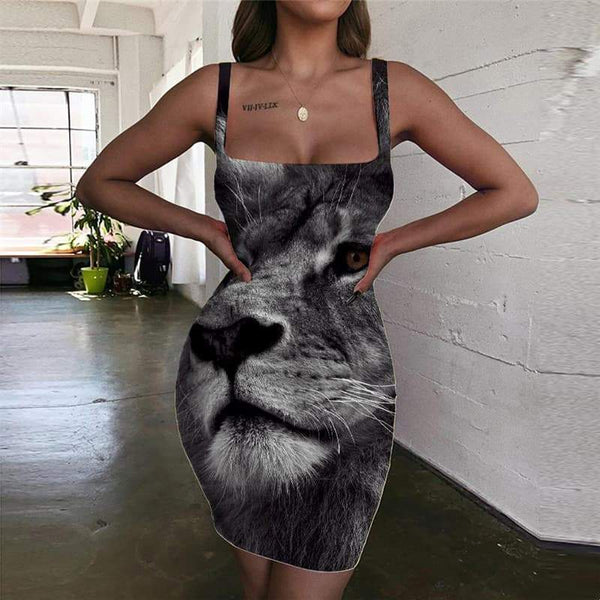 Lion Dress Women Animal 3d Print Anime Halter Sleeveless Black Bodycon Dress Cartoon Sundress - KYKU