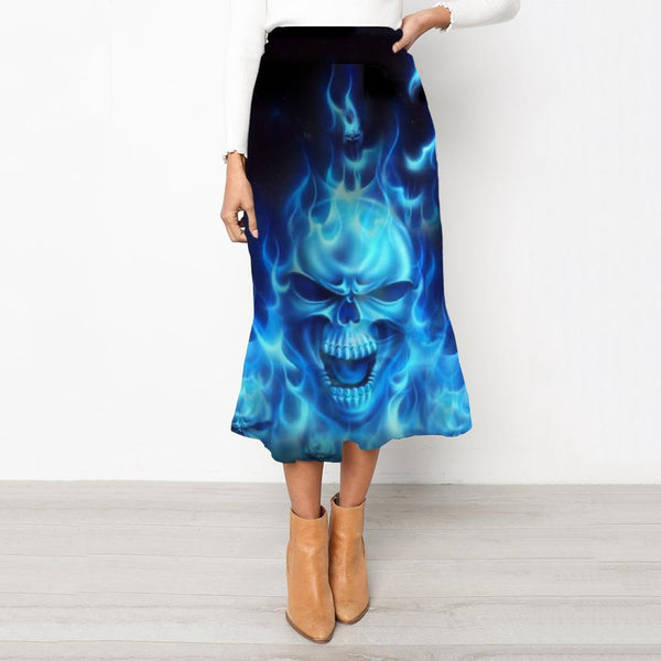 Skull Skirts Women Punk School skirt Blue High waist skirts Flame Rock Frauen - KYKU