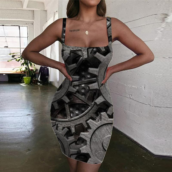 Metal Dress Women Engine Bodycon Dress Gear Vestido Sexy Black Ladies Dresses